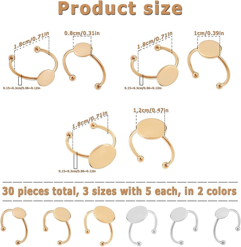 MaehSab 30 Pcs Blank Rings - Stainless Steel Adjustable Pad Ring Base, Flat Blank Ring Base Tray for Jewelry Making DIY Crafts (Gold and Silver) - Image 2